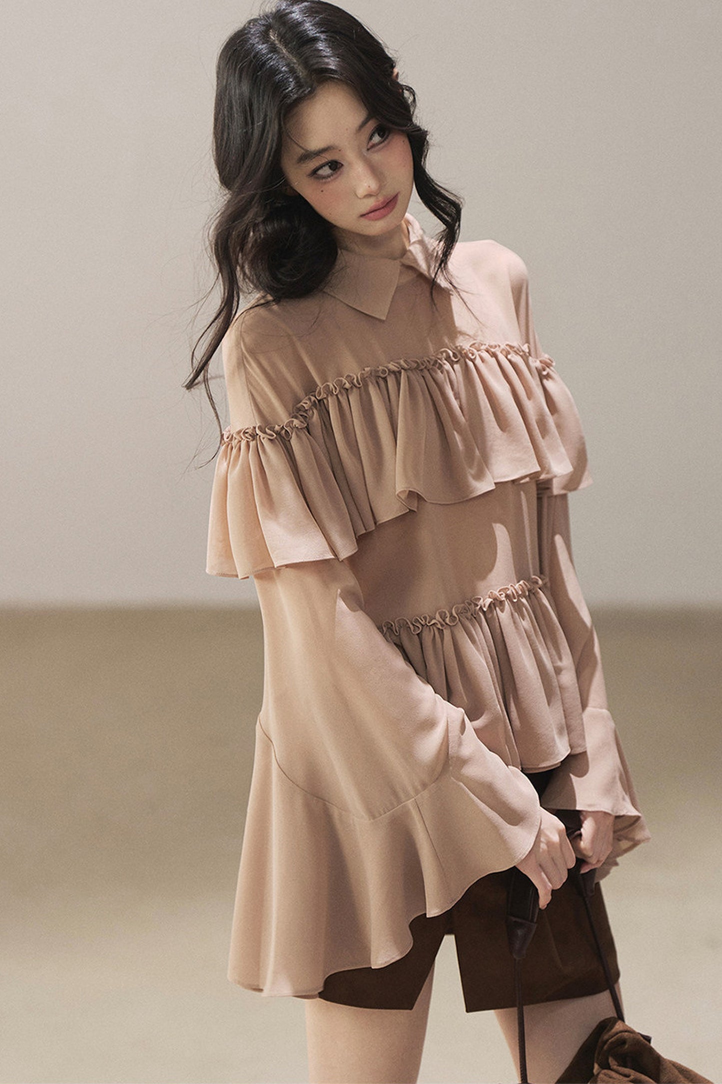 Ruffled Chiffon Polo Blouse