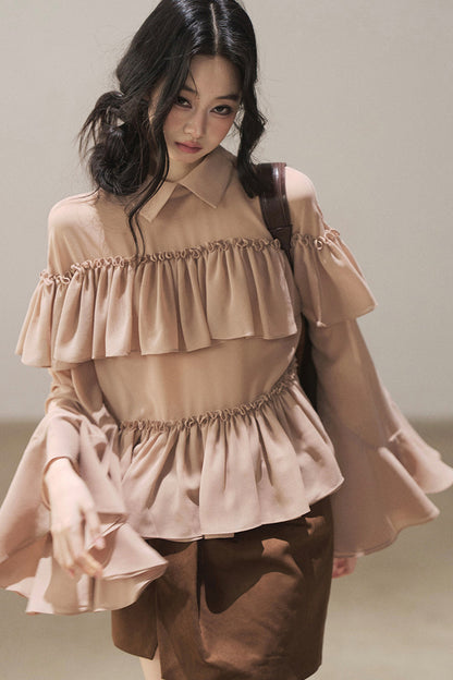 Ruffled Chiffon Polo Blouse