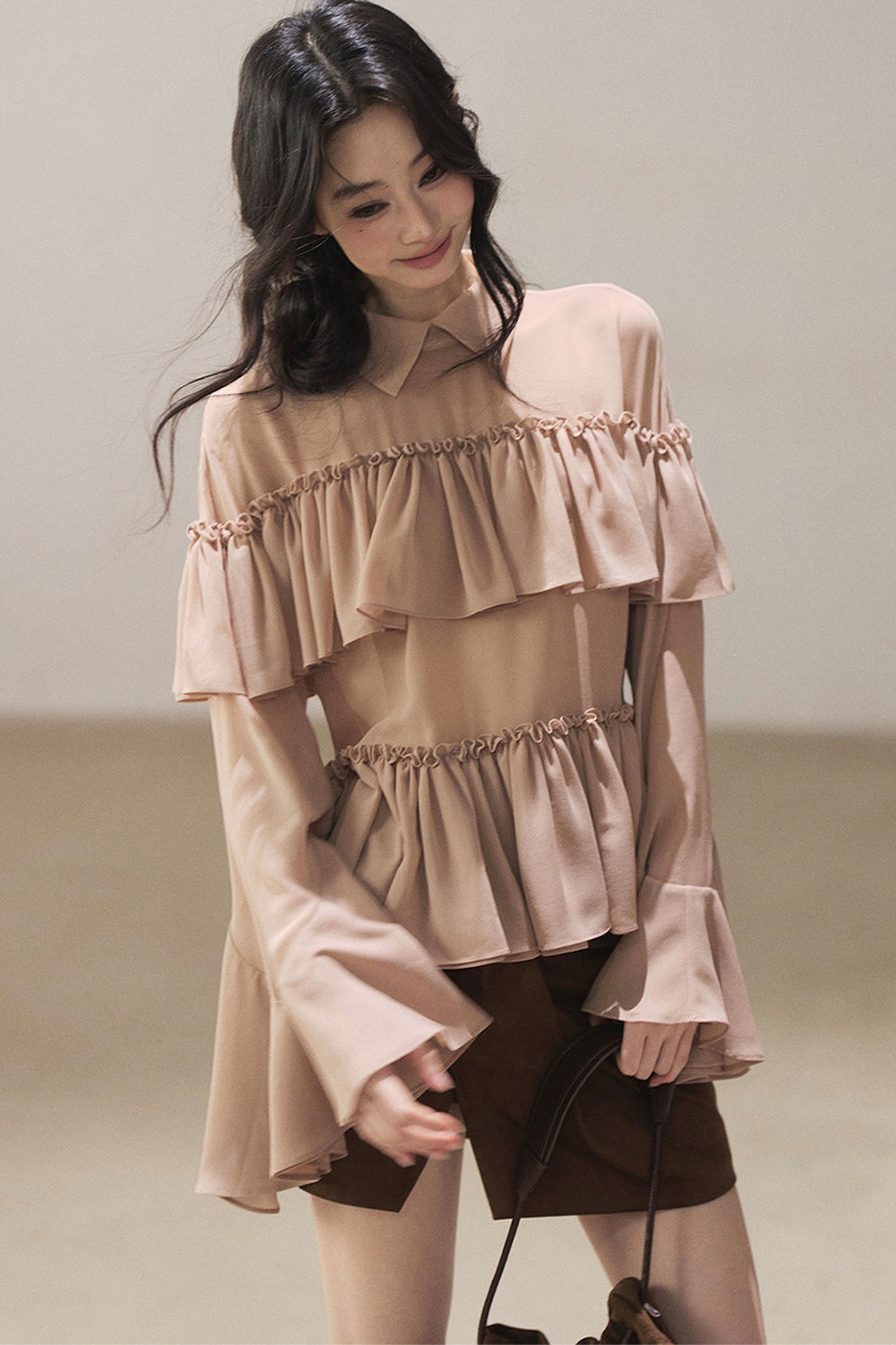 Ruffled Chiffon Polo Blouse