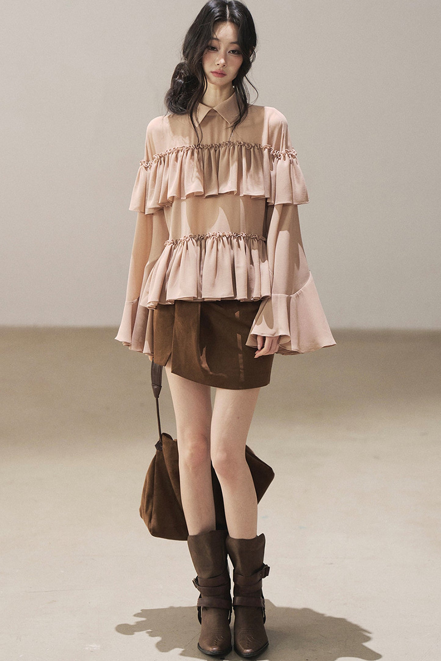 Ruffled Chiffon Polo Blouse