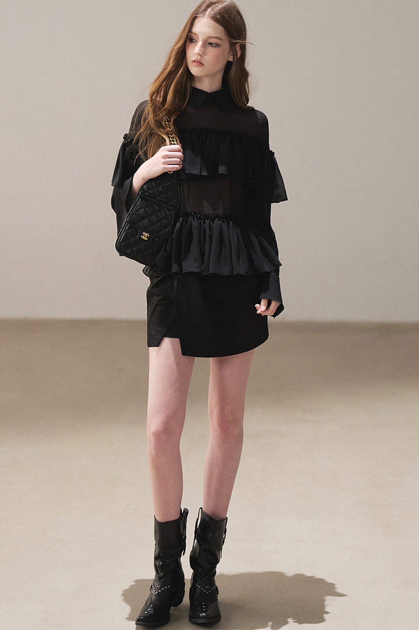 Ruffled Chiffon Polo Blouse