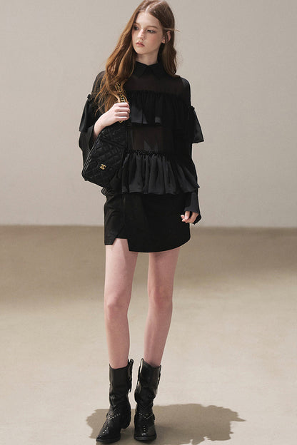 Ruffled Chiffon Polo Blouse