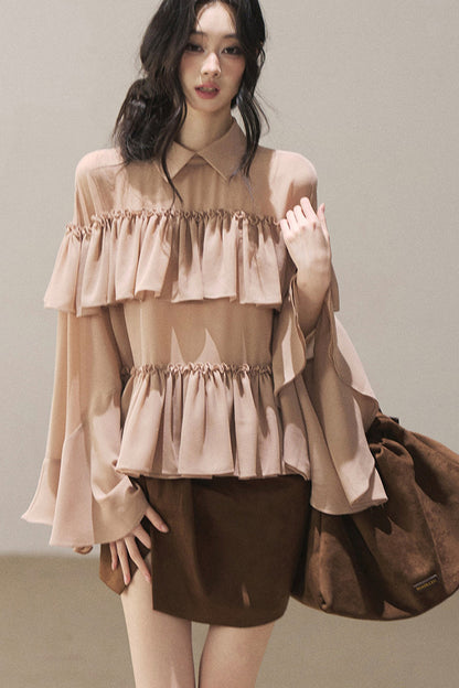 Ruffled Chiffon Polo Blouse