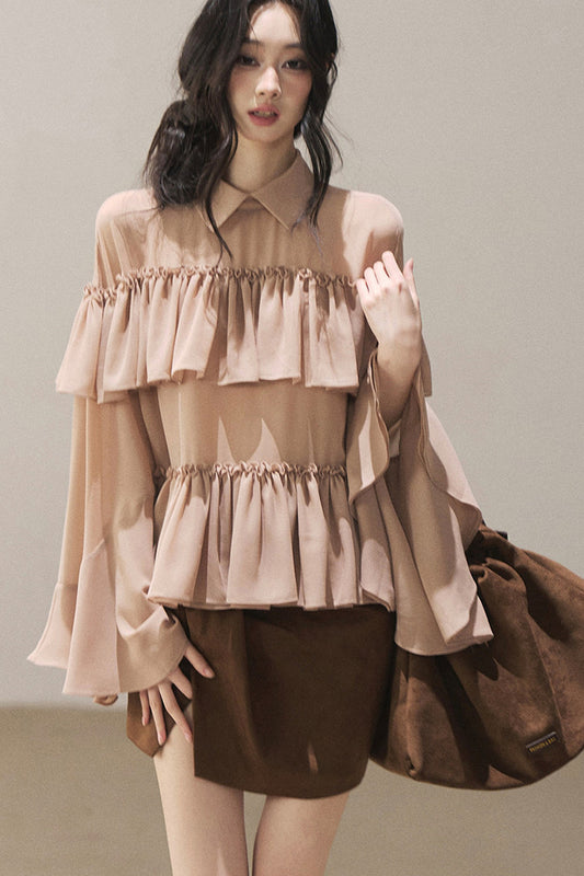 Ruffled Chiffon Polo Blouse