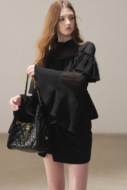 Ruffled Chiffon Polo Blouse
