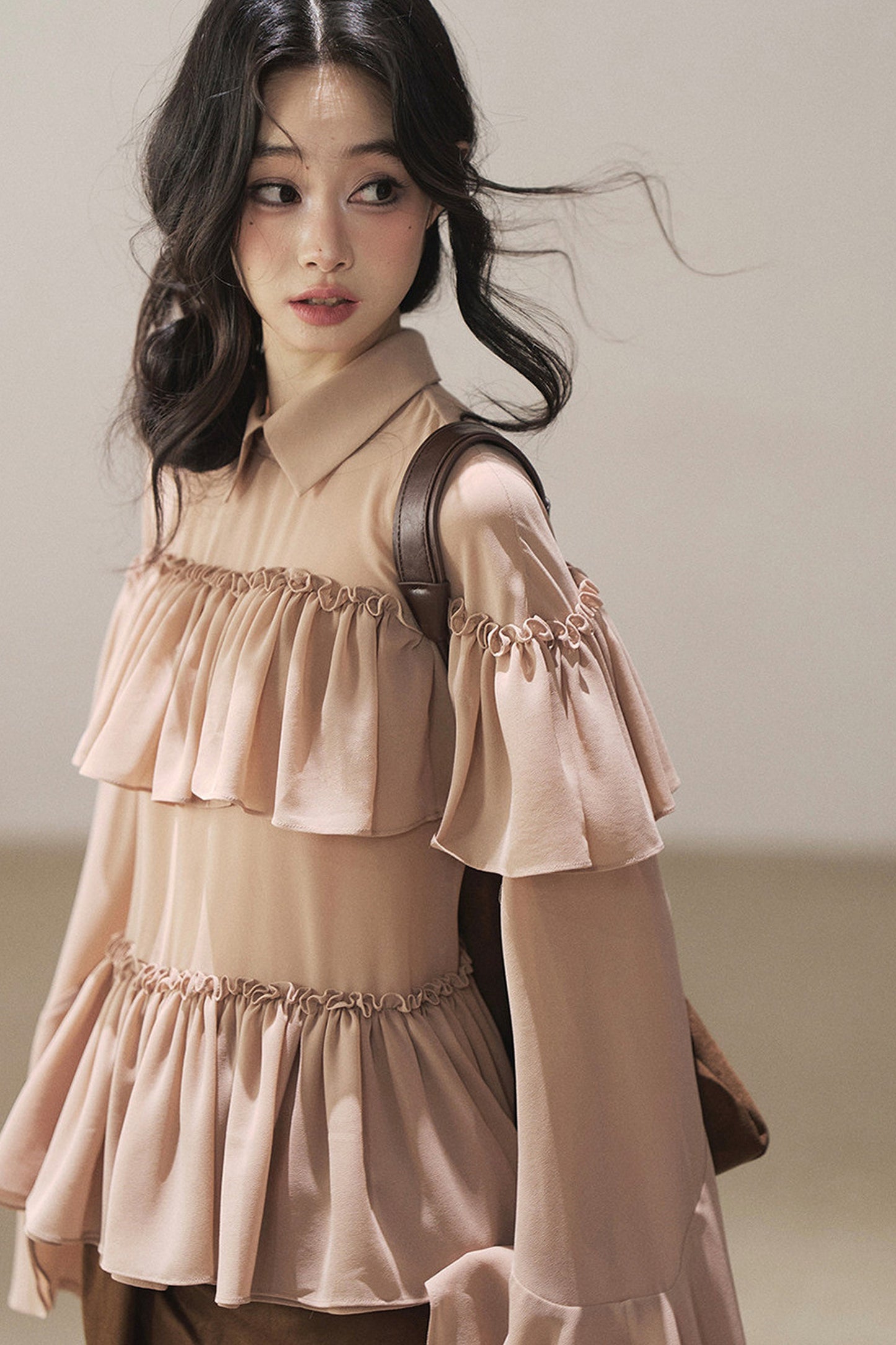 Ruffled Chiffon Polo Blouse