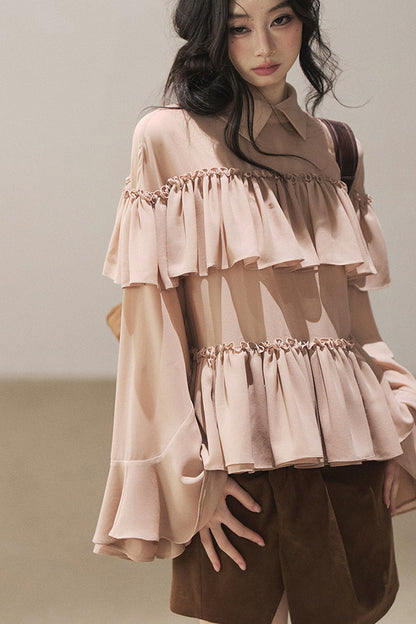 Ruffled Chiffon Polo Blouse