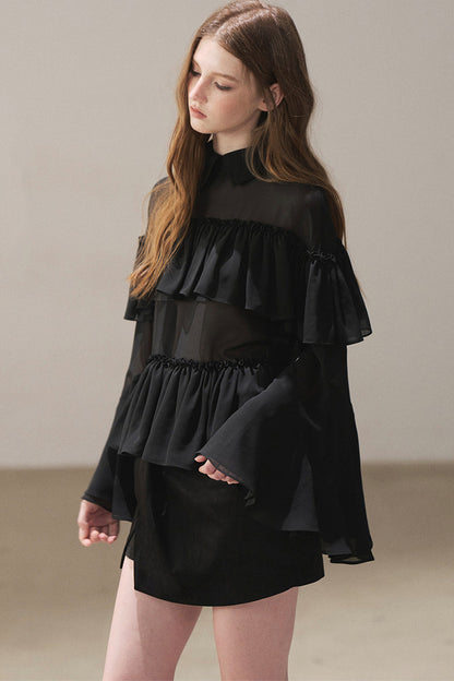 Ruffled Chiffon Polo Blouse