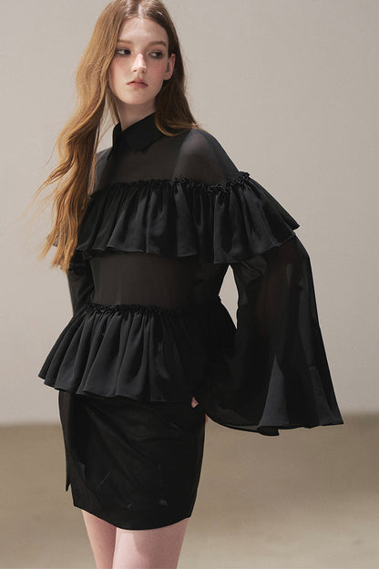 Ruffled Chiffon Polo Blouse