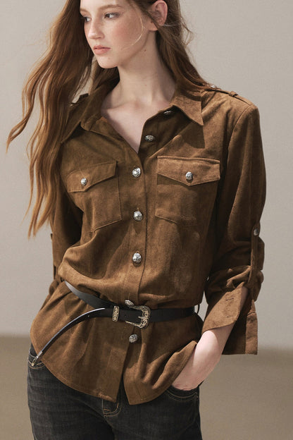 Brown Faux Suede Shirt Jacket