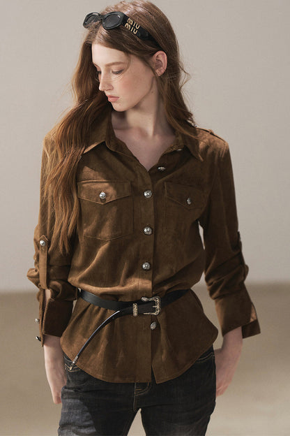 Brown Faux Suede Shirt Jacket