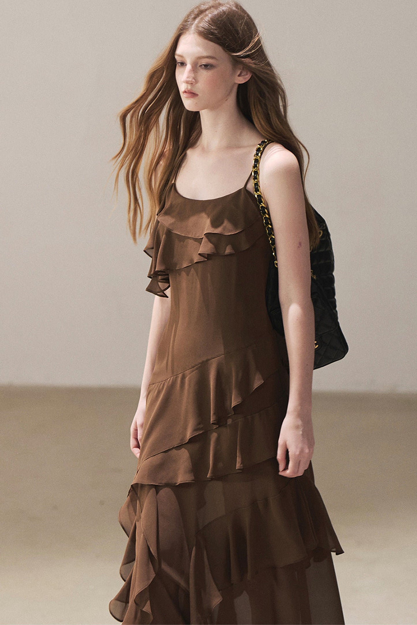 Beige Blazer With Brown Ruffle Spaghetti Strap Dress Set-Up