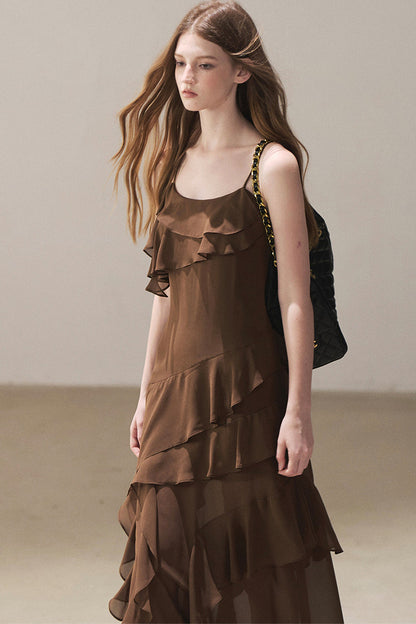 Beige Blazer With Brown Ruffle Spaghetti Strap Dress Set-Up