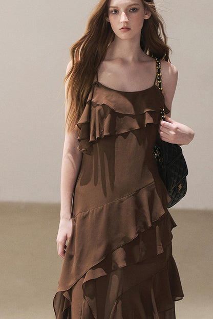 Beige Blazer With Brown Ruffle Spaghetti Strap Dress Set-Up