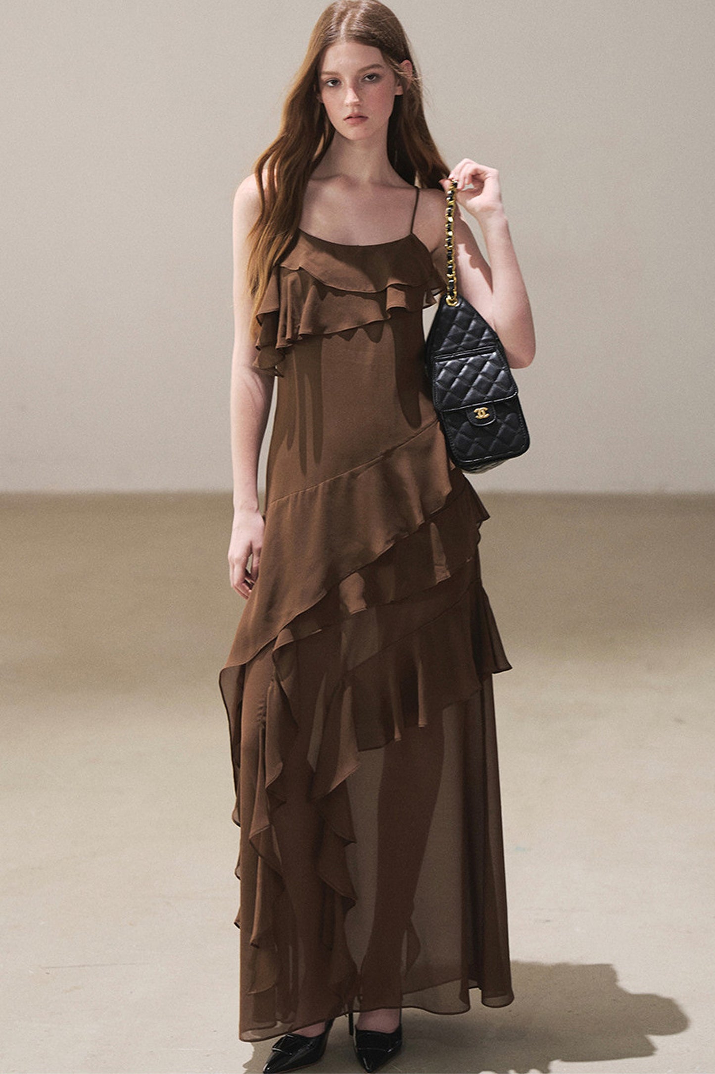 Beige Blazer With Brown Ruffle Spaghetti Strap Dress Set-Up