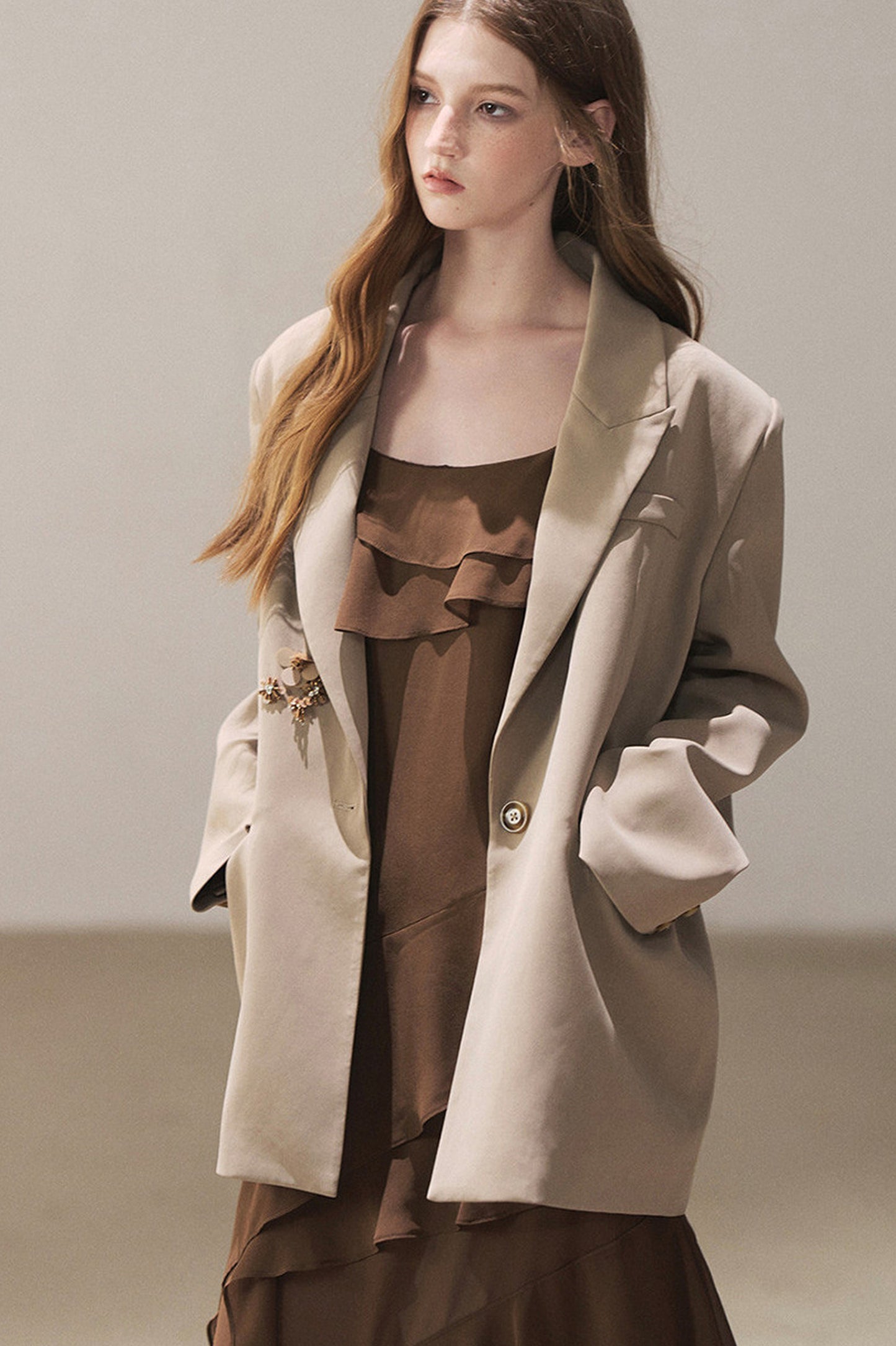 Beige Blazer With Brown Ruffle Spaghetti Strap Dress Set-Up