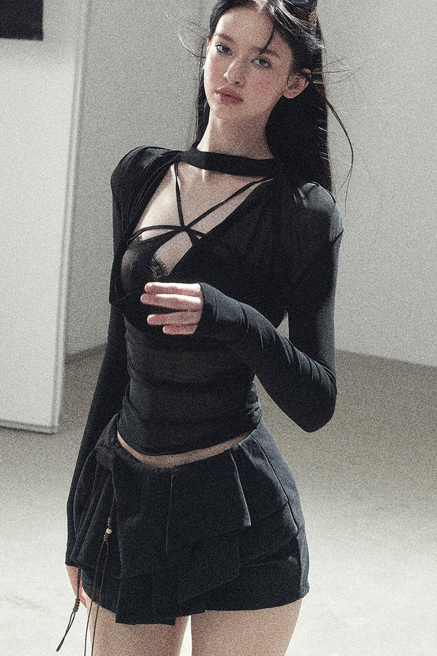 Slightly Sheer Long-Sleeve Top Set-Up