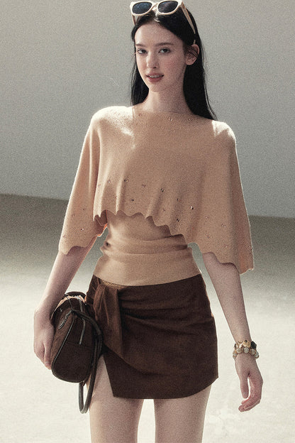 Rhinestone Hollow-Out Cape Sweater Set