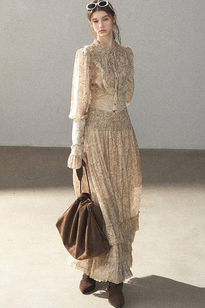 Retro Printed Chiffon Blouse and Skirt Set-Up
