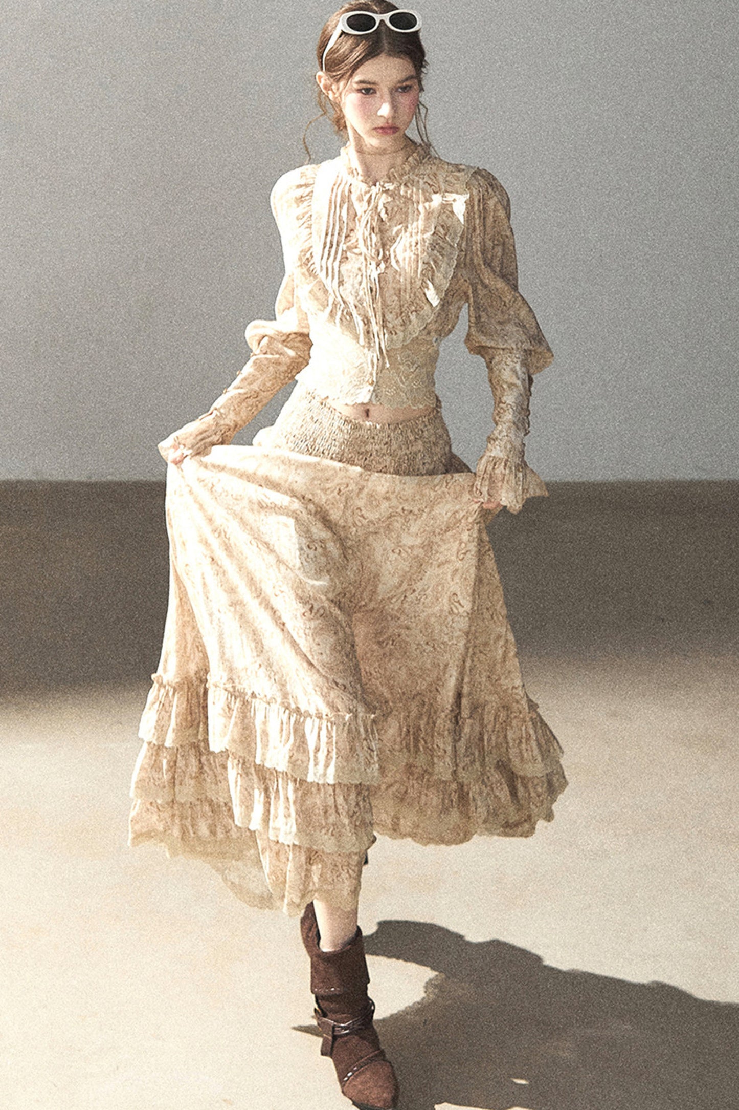 Retro Printed Chiffon Blouse and Skirt Set-Up