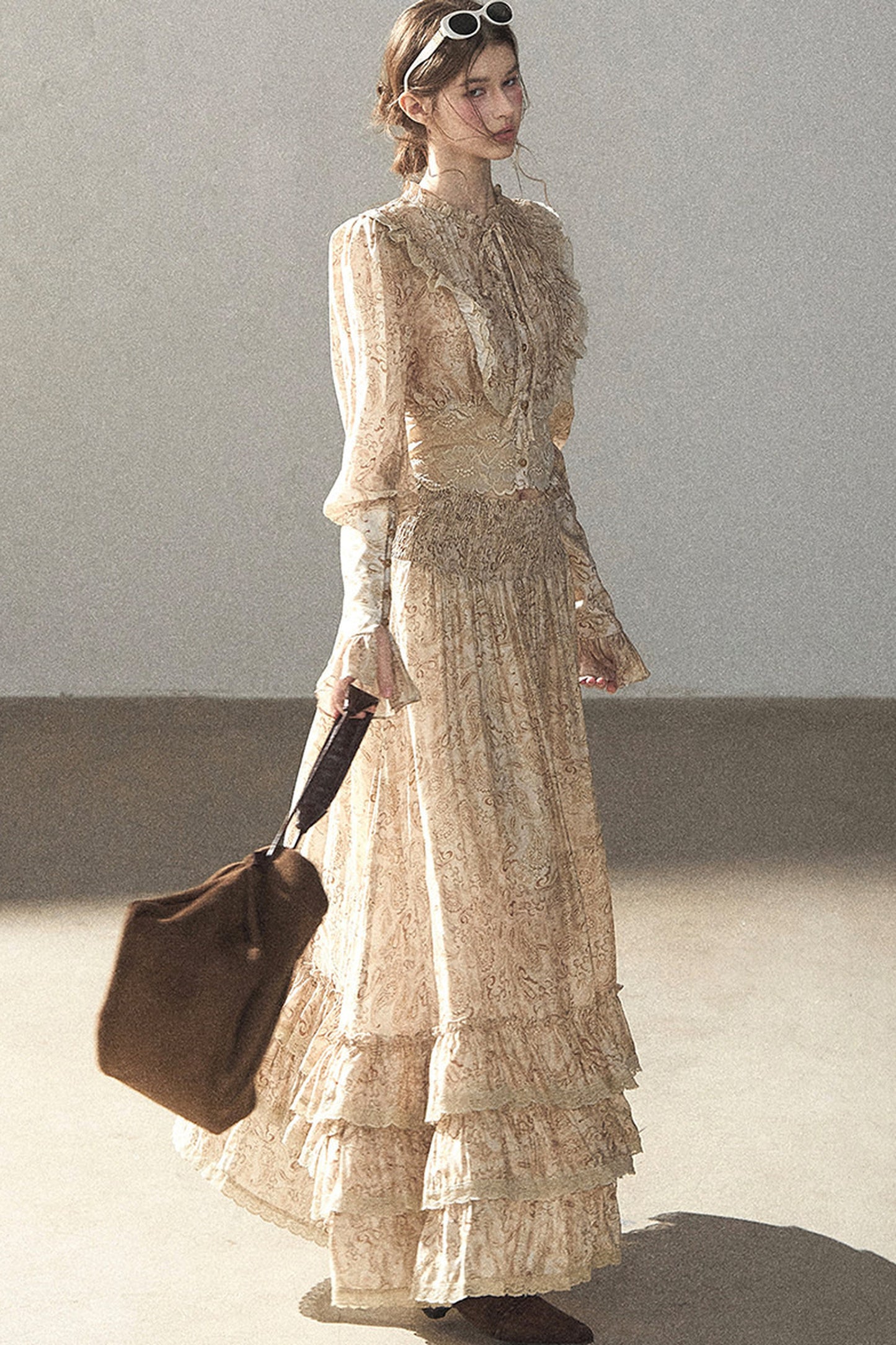 Retro Printed Chiffon Blouse and Skirt Set-Up