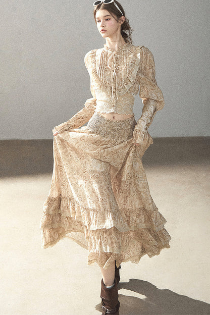 Retro Printed Chiffon Blouse and Skirt Set-Up
