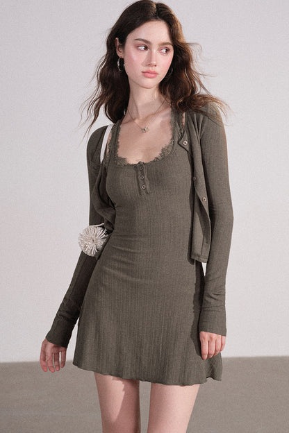 Slim Fit Cardigan and Tank Dress Set-Up