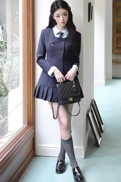 Lapel High-Waisted Pleated Dress Set-Up