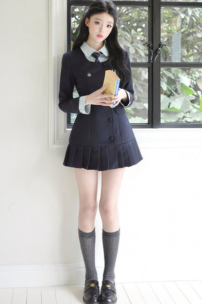 Lapel High-Waisted Pleated Dress Set-Up