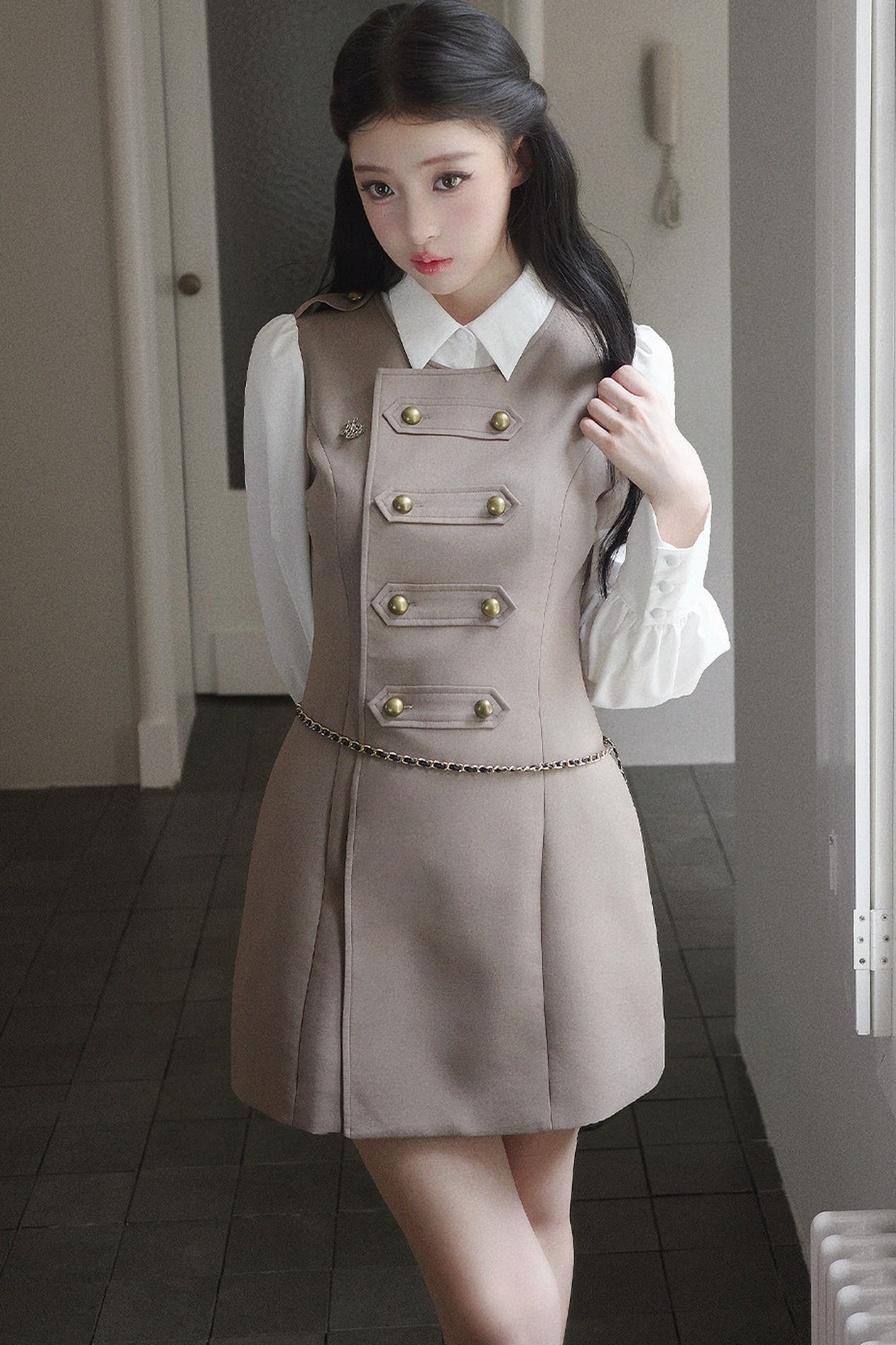 Retro Gray Puff Sleeve Dress