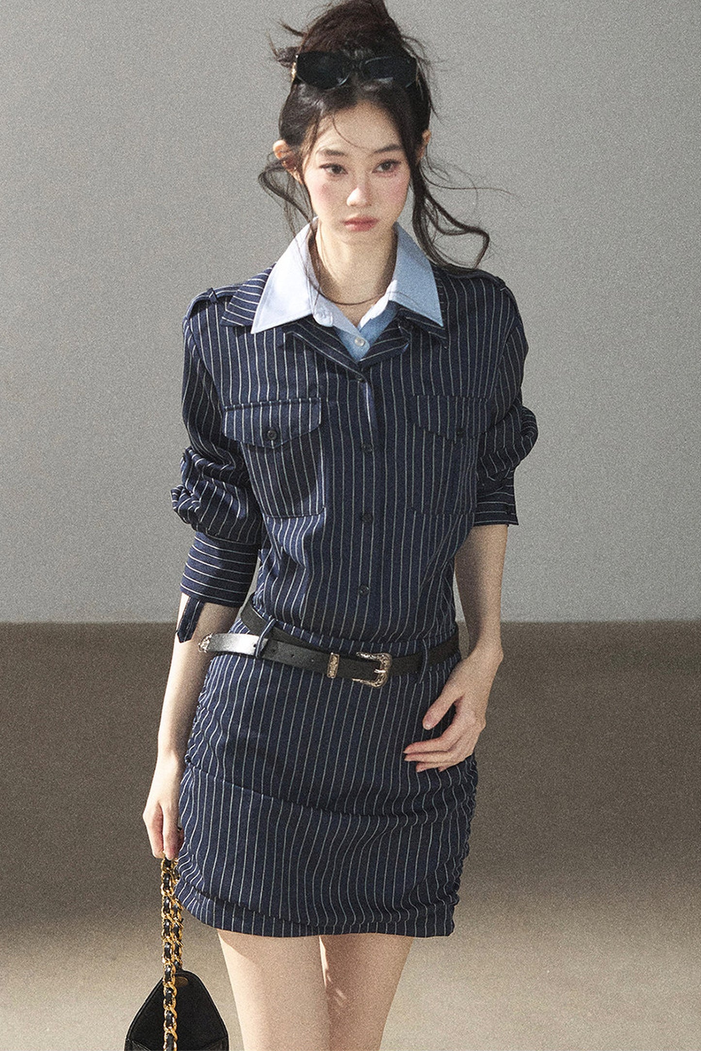 Navy Striped Bodycon Layered-Look Dress Set