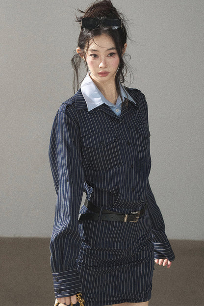 Navy Striped Bodycon Layered-Look Dress Set