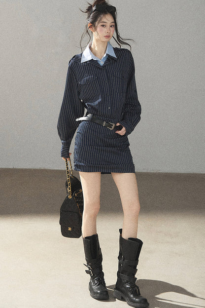 Navy Striped Bodycon Layered-Look Dress Set