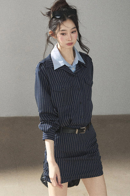 Navy Striped Bodycon Layered-Look Dress Set