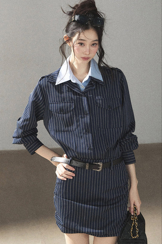네이비 스트라이프 보디콘 레이어드룩 원피스 세트