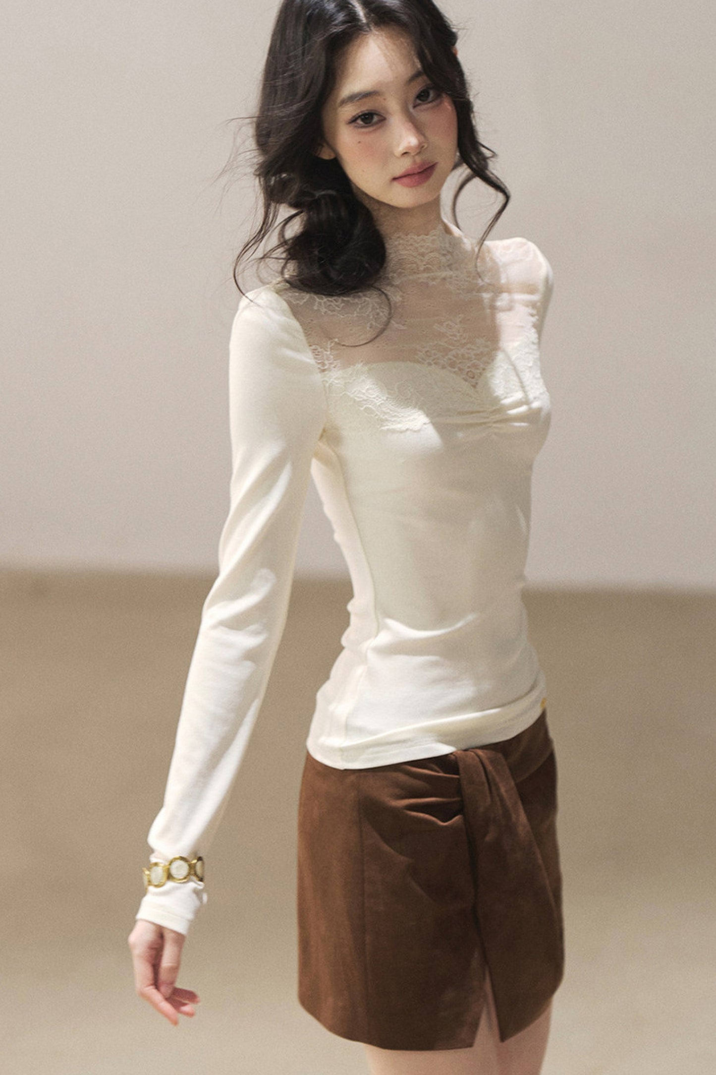 Long-Sleeved Lace Yoke Top