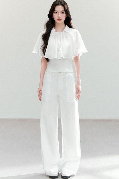 Ruffled Cape Collar Short-Sleeve Shirt