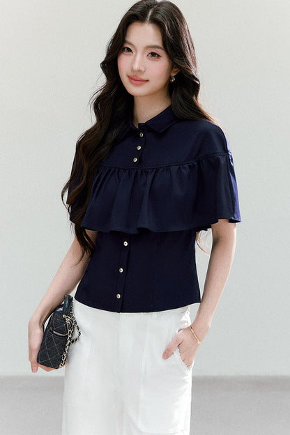 Ruffled Cape Collar Short-Sleeve Shirt
