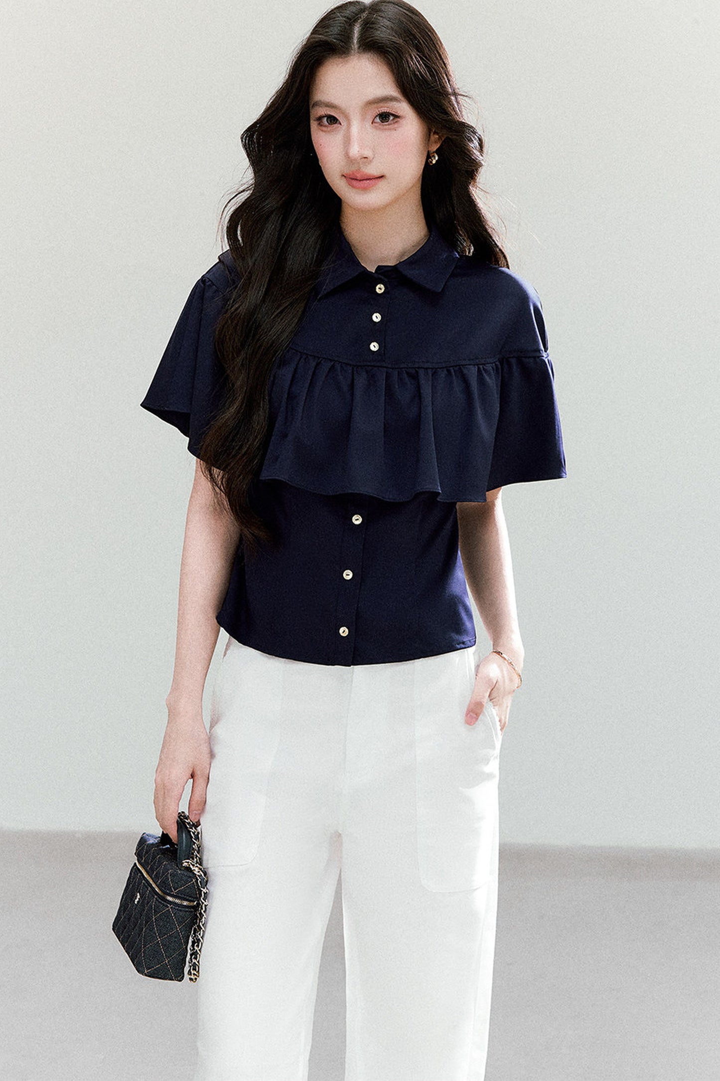 Ruffled Cape Collar Short-Sleeve Shirt