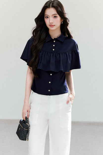 Ruffled Cape Collar Short-Sleeve Shirt