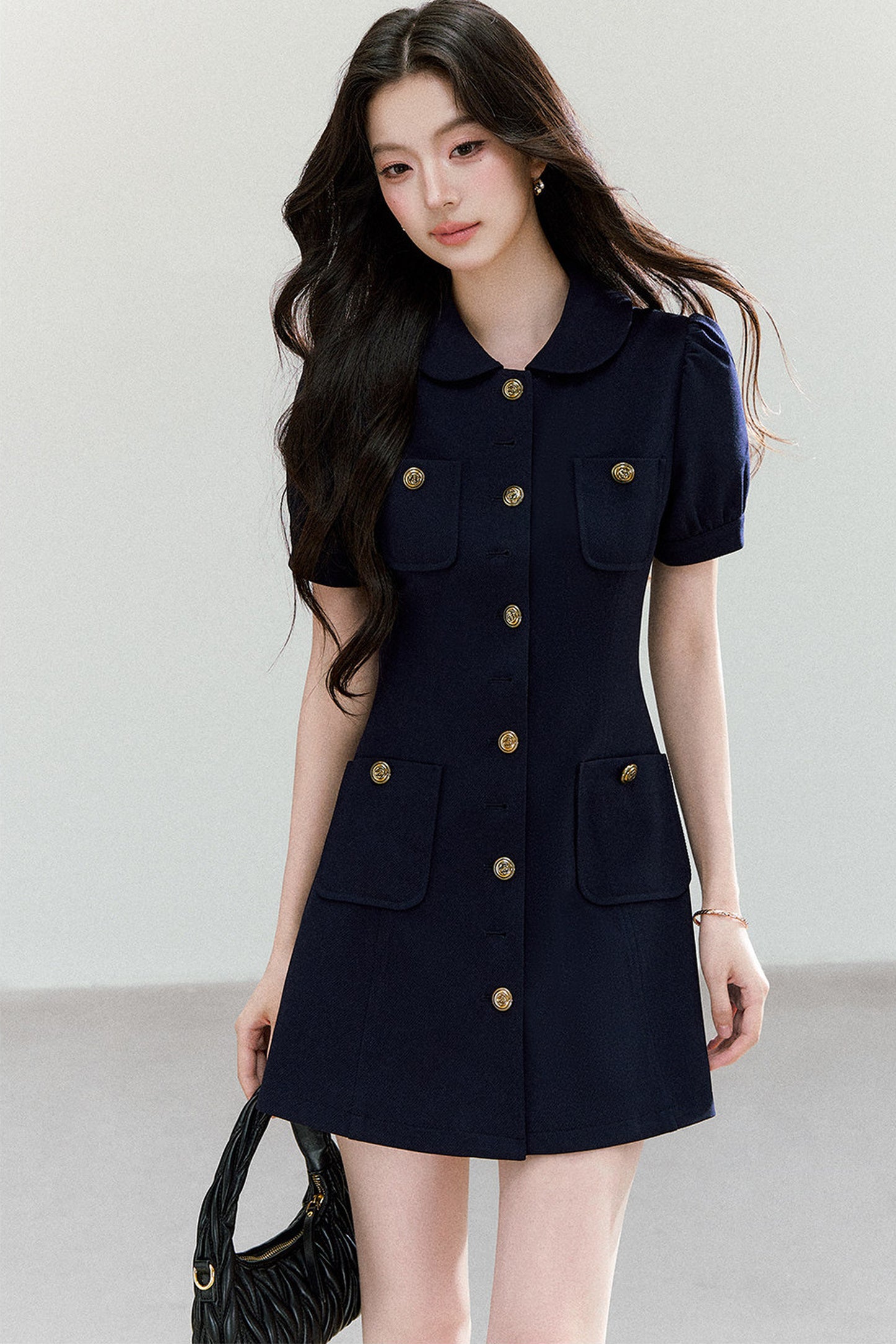 Navy Blue Puff Sleeve Collar Dress