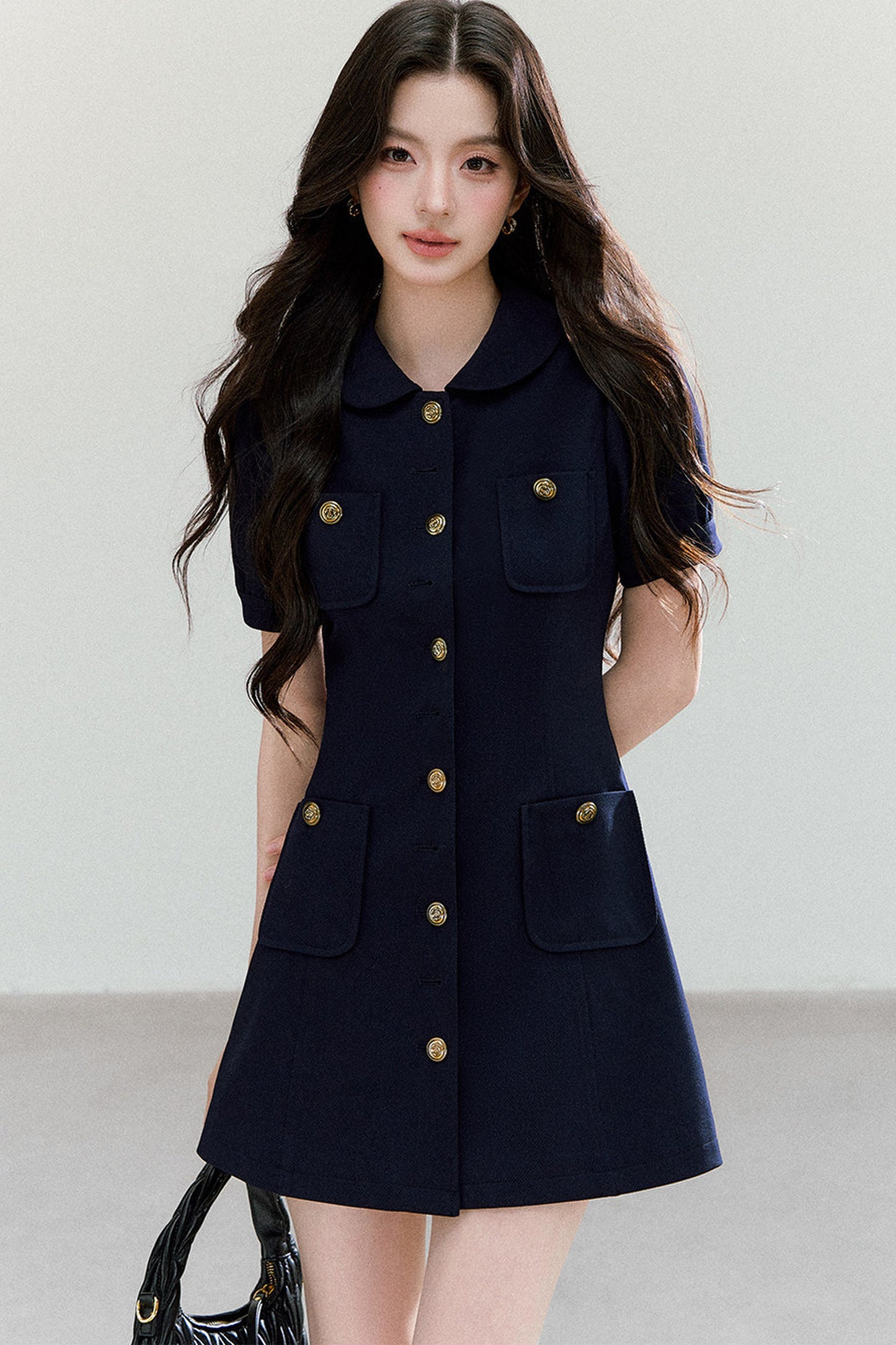Navy Blue Puff Sleeve Collar Dress