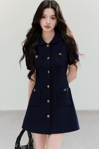 Navy Blue Puff Sleeve Collar Dress