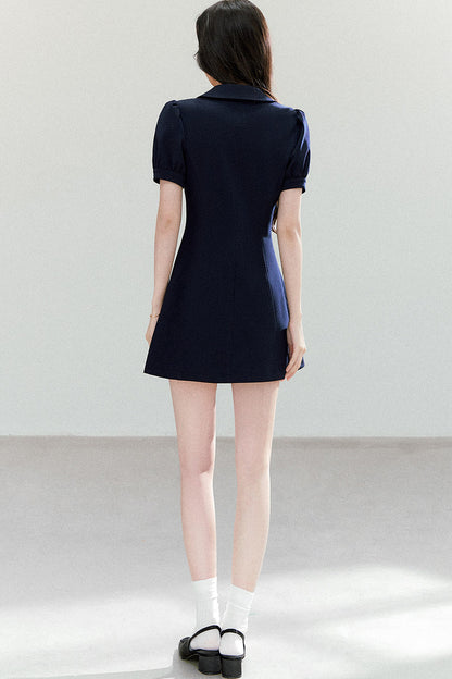Navy Blue Puff Sleeve Collar Dress