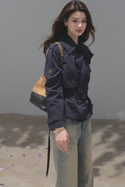 Serenity Blue Bow Tie Hunting Trench Coat And Skirt Set-Up