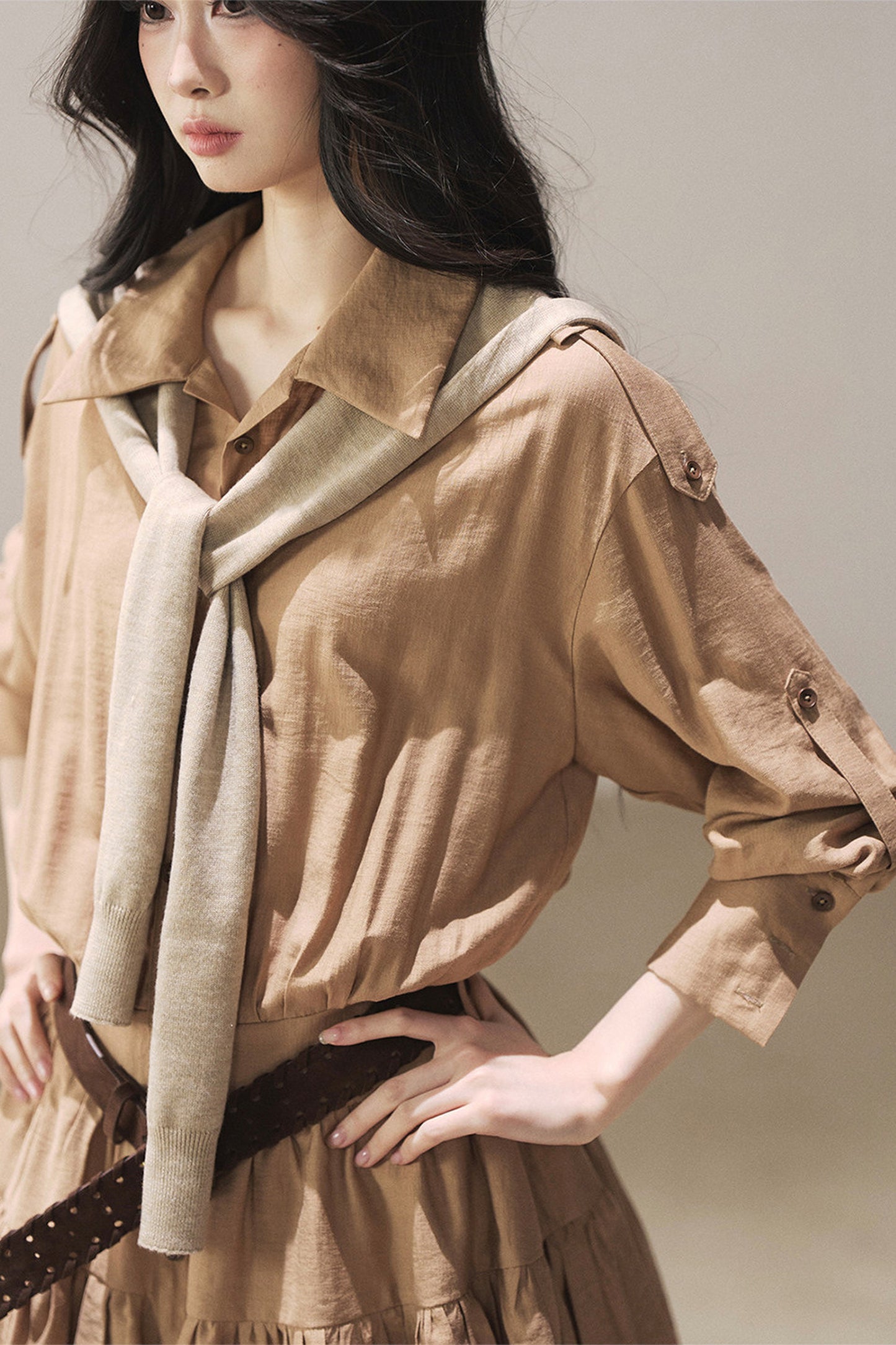Chestnut Brown Shirt Dress And Pants Set-Up
