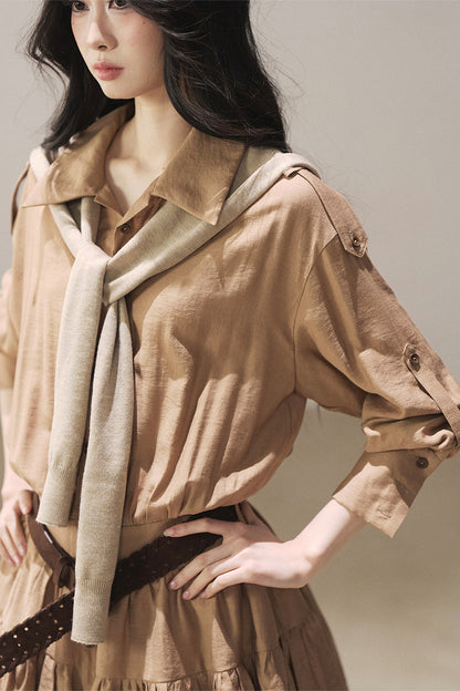 Chestnut Brown Shirt Dress And Pants Set-Up