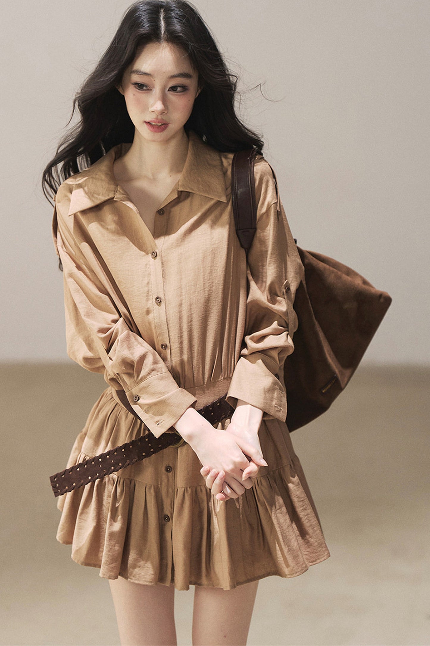 Chestnut Brown Shirt Dress And Pants Set-Up