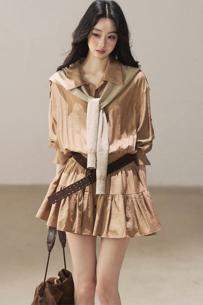 Chestnut Brown Shirt Dress And Pants Set-Up