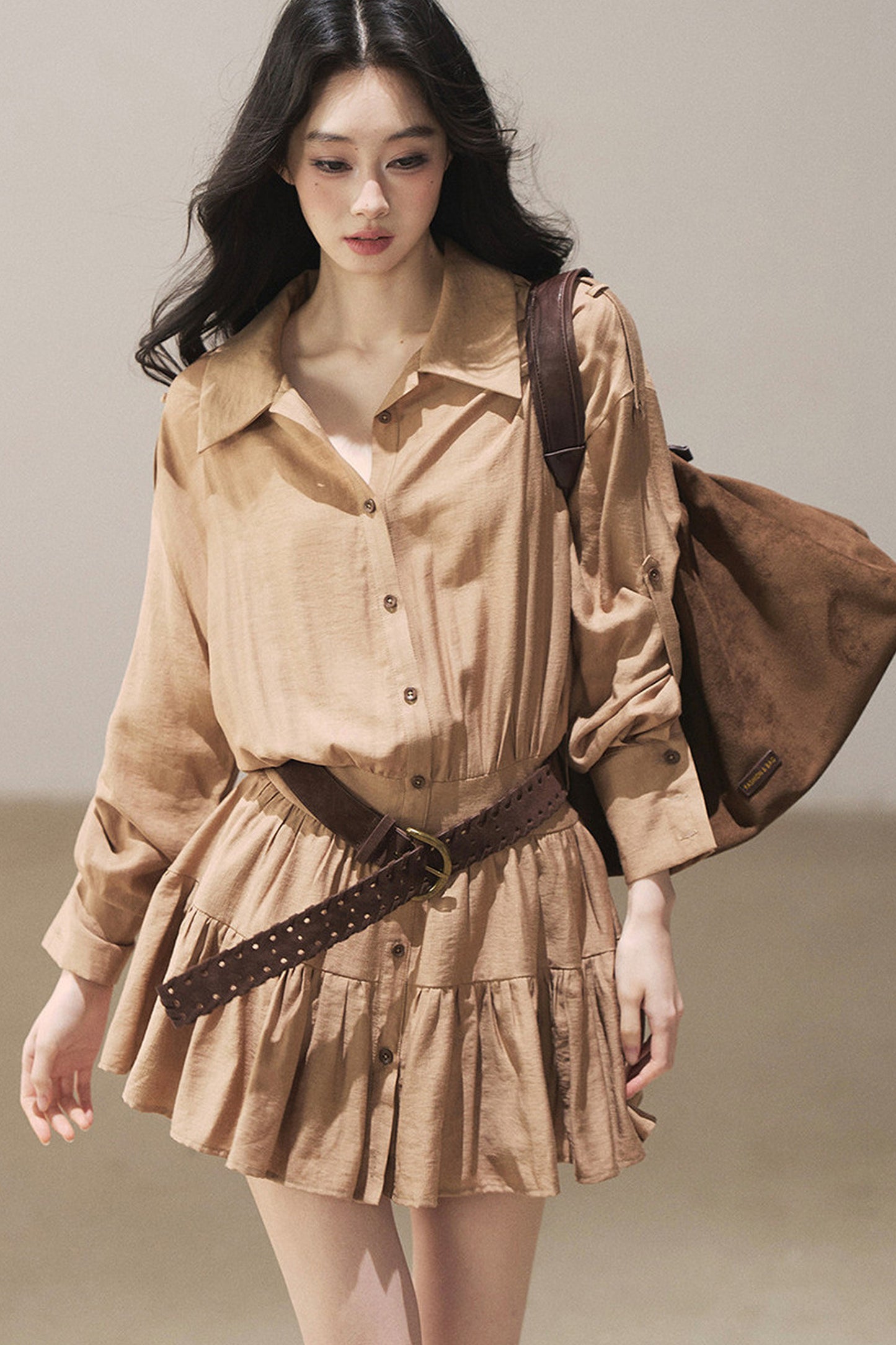 Chestnut Brown Shirt Dress And Pants Set-Up